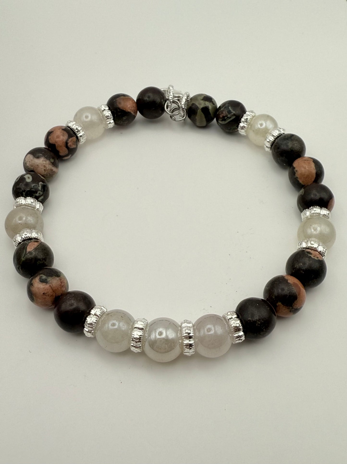 Snowflake Jasper and Ivory Sunstone Bracelet 7.5"-7.75"