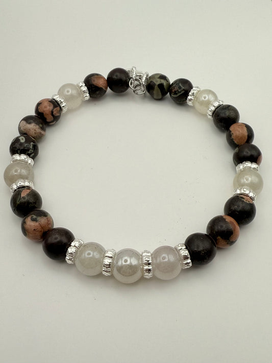 Snowflake Jasper and Ivory Sunstone Bracelet 7.5"-7.75"