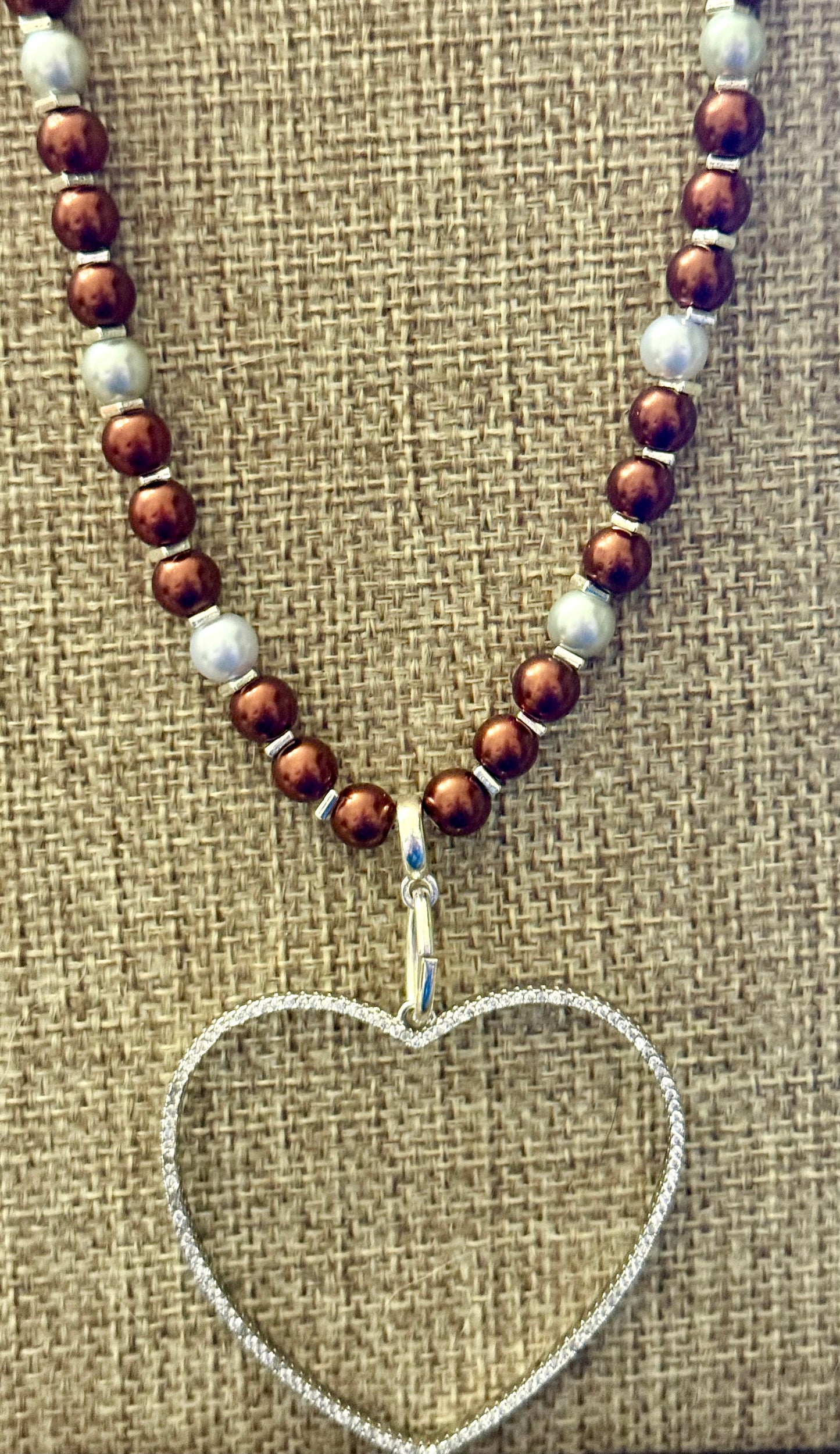 Ivory & Burgundy Glass Pearl Necklace – 26” Beaded Heart Pendant – Handmade Statement Jewelry – Elegant Gift for Her – Anniversary Necklace