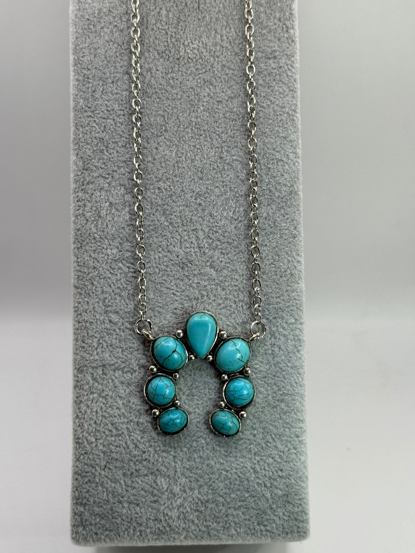 Turquoise Howlite Squash Blossom Necklace – 18” Silver Chain