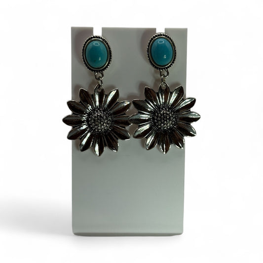 Turquoise Howlite Sunflower Earrings – Silver Floral Western Boho Dangle Earrings