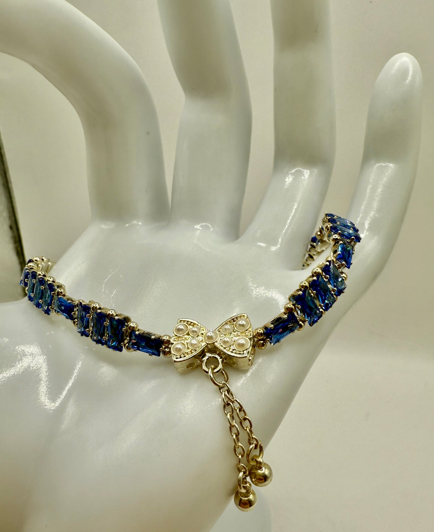 Blue Rhinestone Bow Bracelet – 7.5” – Elegant Crystal Bracelet with Pearl Accent Bow Clasp – Sparkling Gift for Her