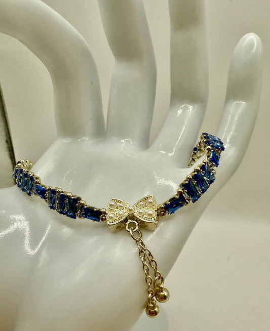 Blue Rhinestone Bow Bracelet – 7.5” – Elegant Crystal Bracelet with Pearl Accent Bow Clasp – Sparkling Gift for Her