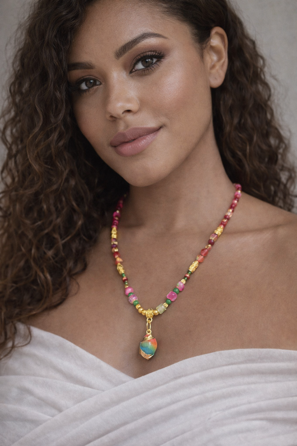 Glass Beaded Necklace 20 Inch | Colorful Handmade Necklace | Artisan Bead Necklace | Gold Accent Jewelry | Pink