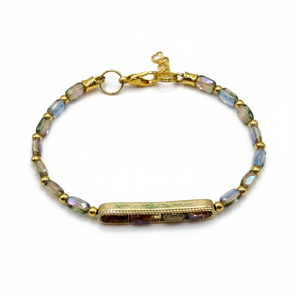 AB Iridescent Glass Bar Bracelet | Gold Frame Adjustable Bracelet | Handmade Sparkle Bracelet | 7–7.75 Inch