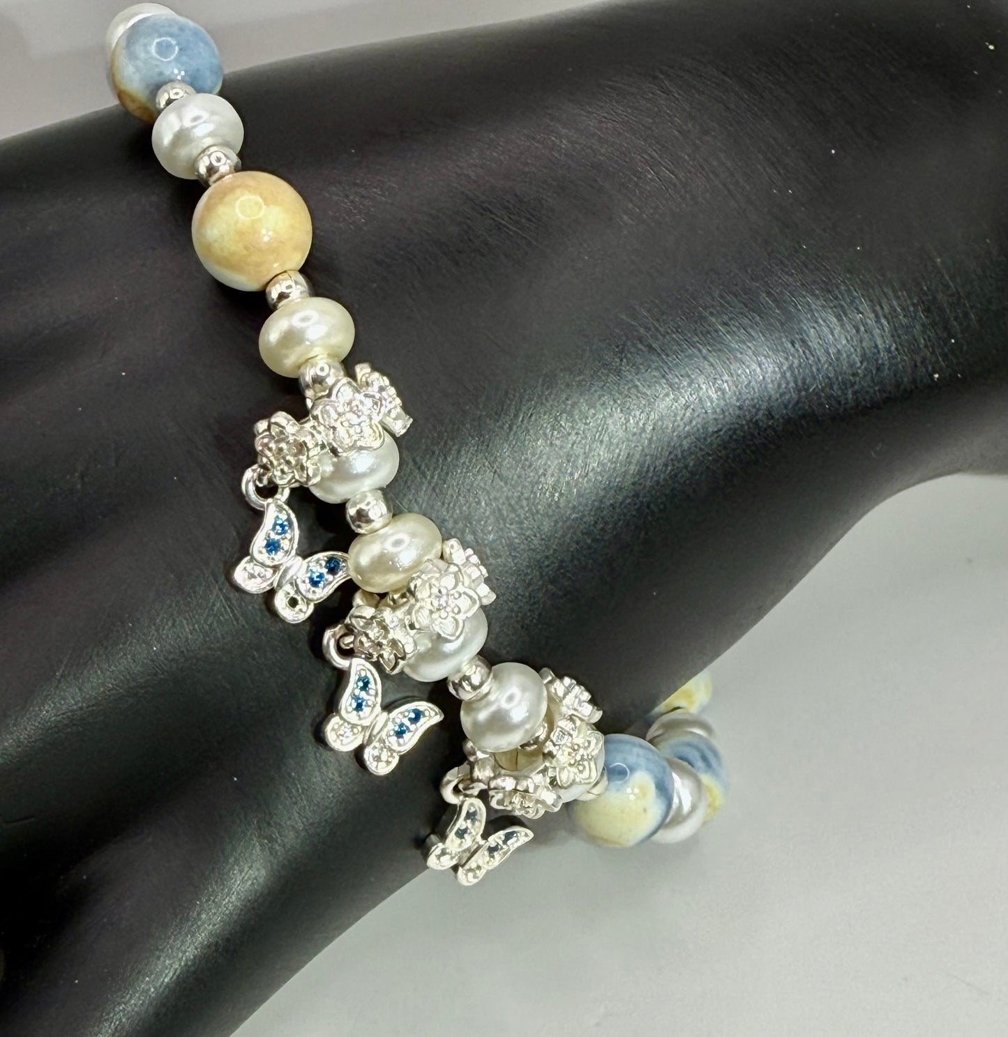 Handmade Orca Agate Stretch Bracelet with Butterfly Charms | 8” Adjustable