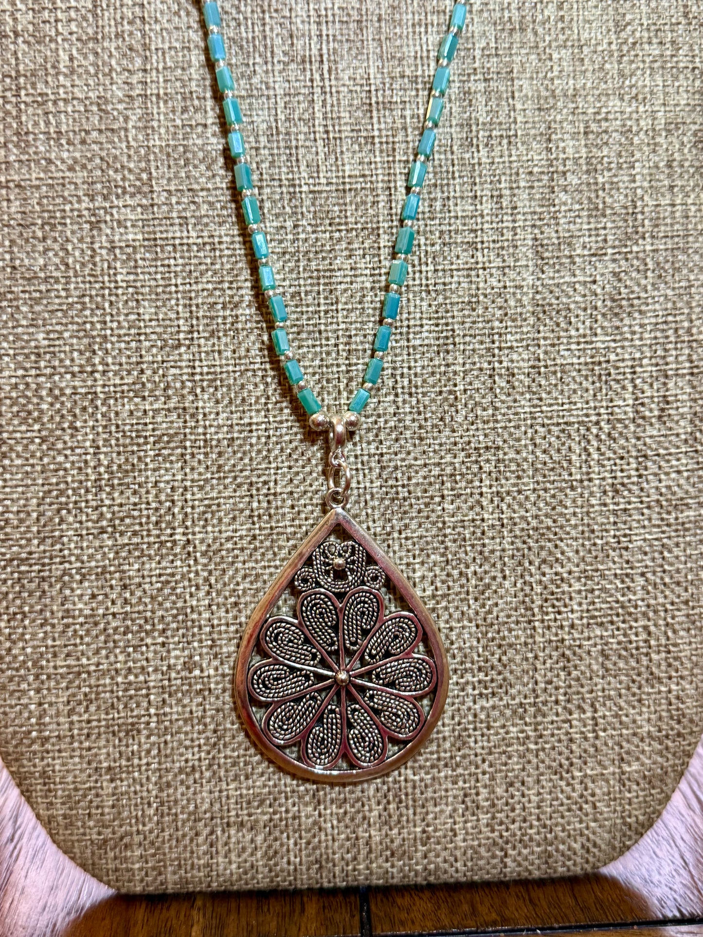 Teardrop Filigree Pendant Necklace – 20” Aqua Beaded Necklace, Silver Filigree Teardrop Pendant, Handmade Boho Jewelry Gift for Her