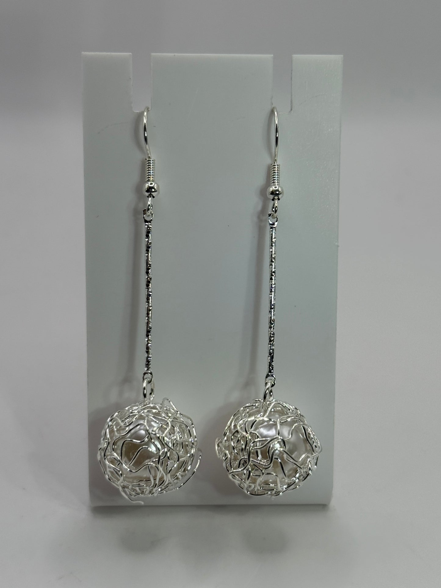 Silver Wire Wrapped Ball Earrings – Modern Long Dangle Statement Jewelry