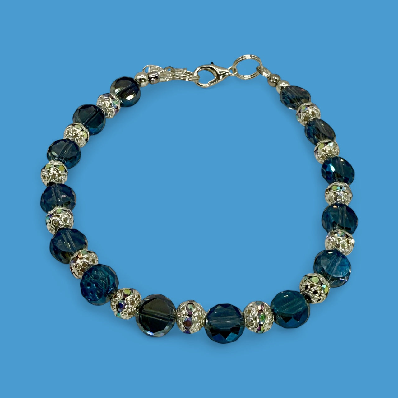 Elegant Deep Blue Faceted Glass Bracelet with Silver Accents | 7.5” Clasp Bracelet | Ocean Blue Crystal Jewelry | Gift for Her
