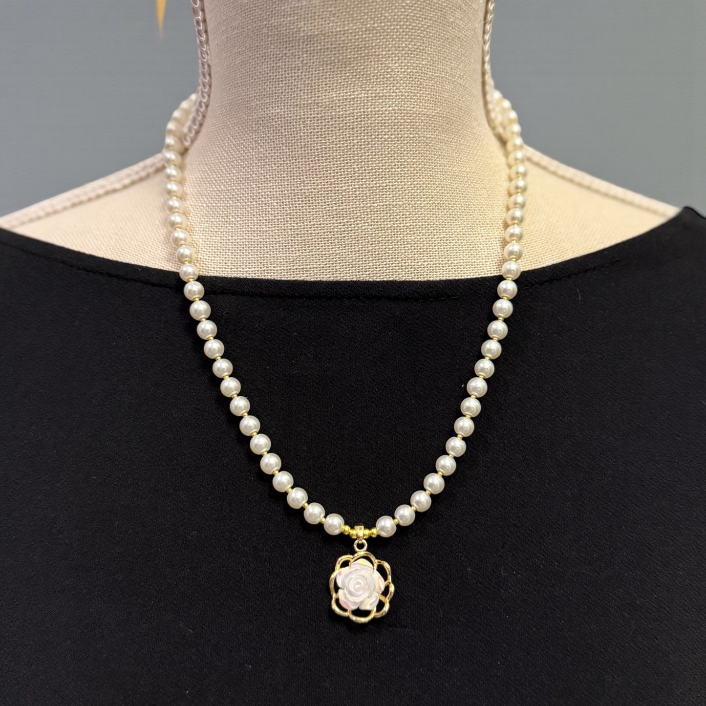 Handmade Glass Pearl Necklace with Iridescent Flower Pendant | 20 Inch Pearl Necklace | One of a Kind Jewelry | Made in Texas