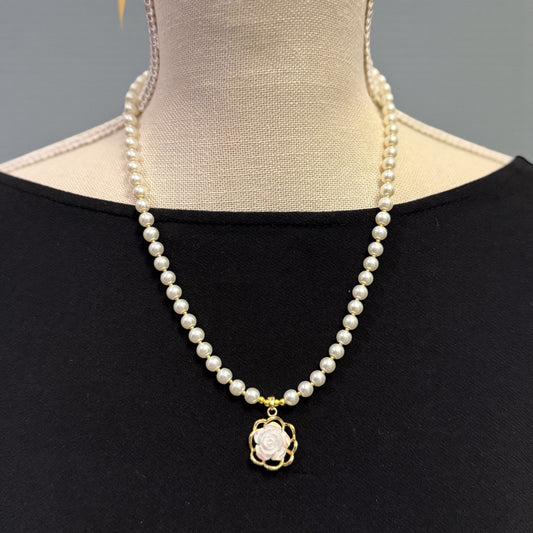 Handmade Glass Pearl Necklace with Iridescent Flower Pendant | 20 Inch Pearl Necklace | One of a Kind Jewelry | Made in Texas