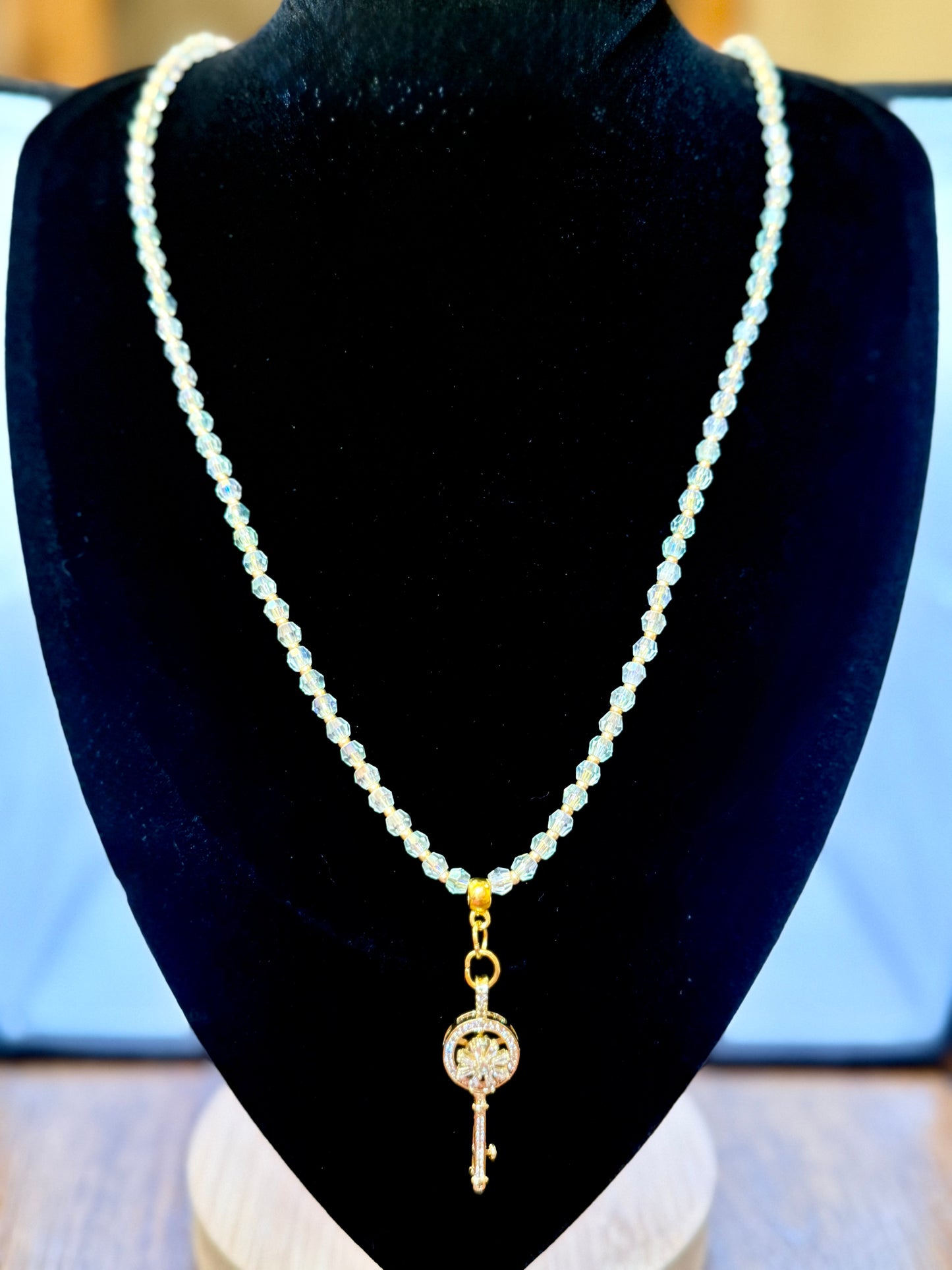 Gold Key Pendant Necklace – 20” Light Green Zircon Necklace with Spinner Key Charm, Elegant Crystal Beaded Jewelry, Gift for Her