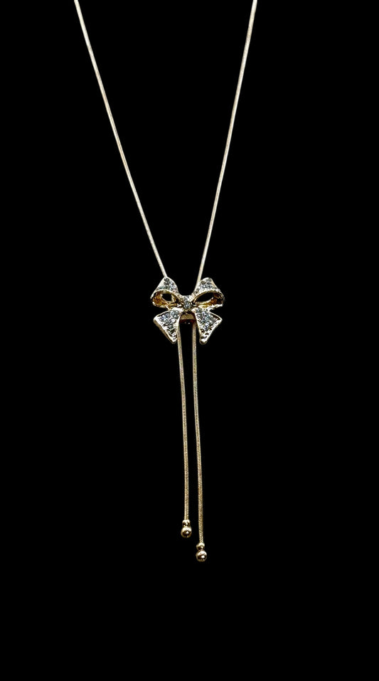 Crystal Bow Pendant Necklace – 22” Gold Chain, Sparkling Ribbon Necklace, Elegant Gift for Her