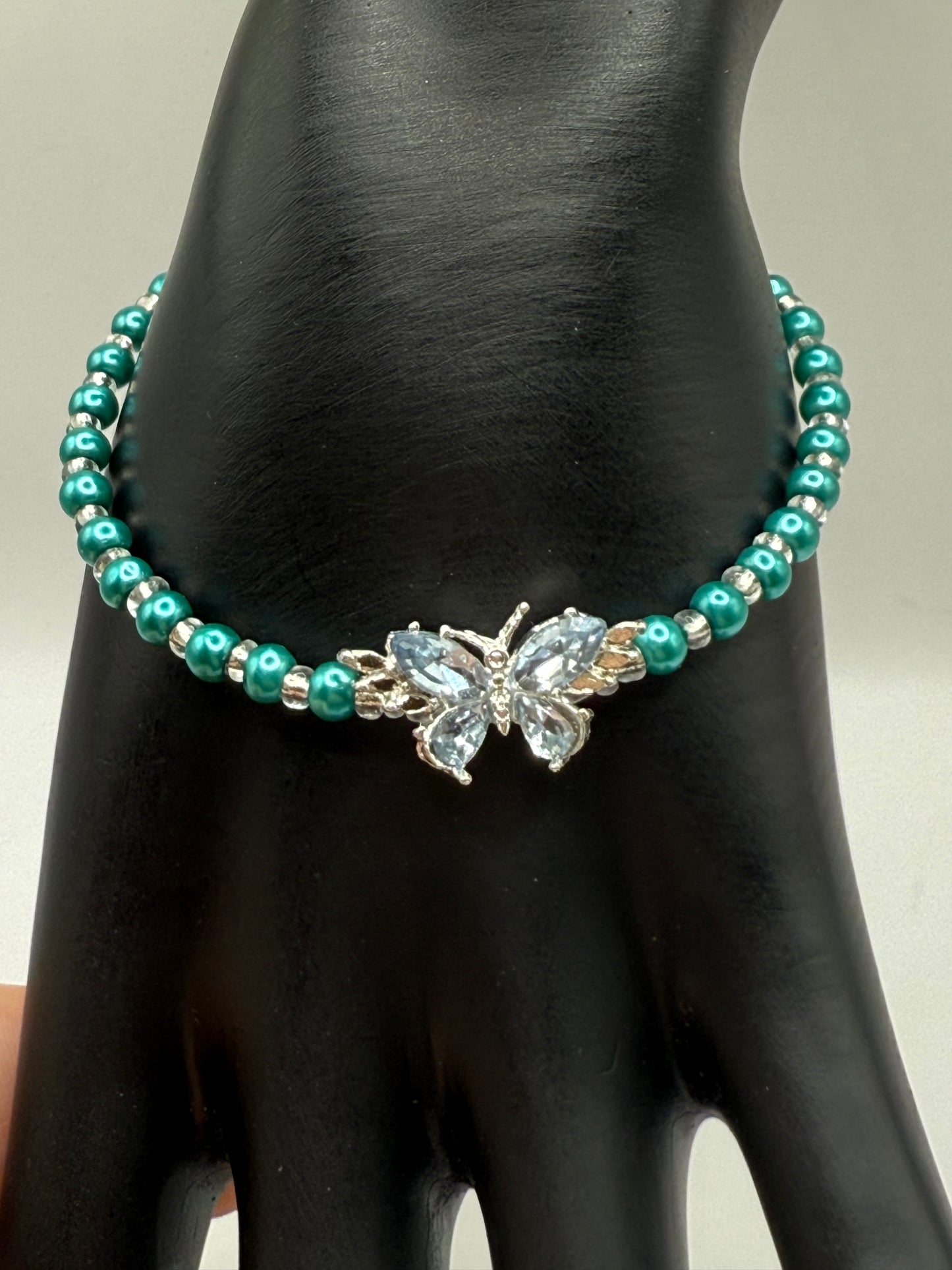 7.5” Teal Glass Pearl Bracelet with Crystal Butterfly – Handmade Gift for Her, Free Resizing Available