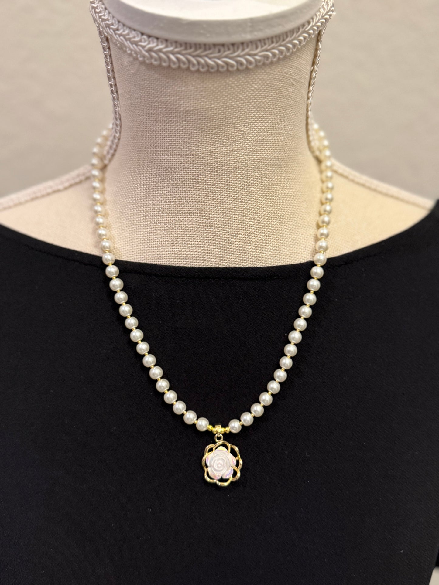 Handmade Glass Pearl Necklace with Iridescent Flower Pendant | 20 Inch Pearl Necklace | One of a Kind Jewelry | Made in Texas
