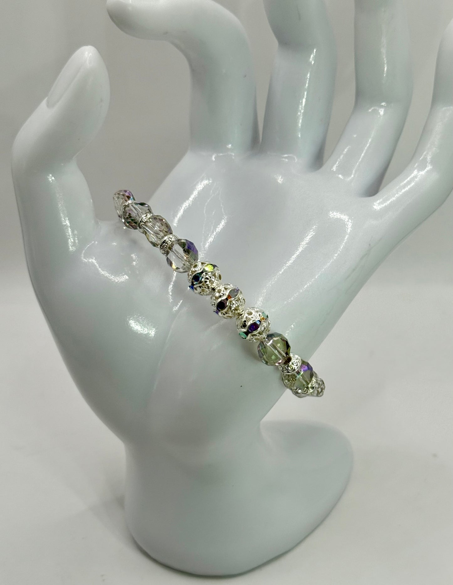 Iridescent Crystal Glass Bead Bracelet with Silver Accents | 7.5” Clasp | Handmade Jewelry Gift