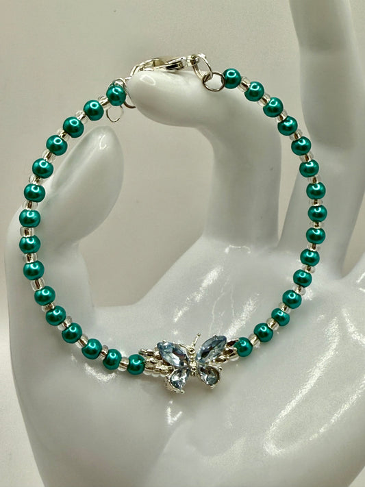 7.5” Teal Glass Pearl Bracelet with Crystal Butterfly – Handmade Gift for Her, Free Resizing Available
