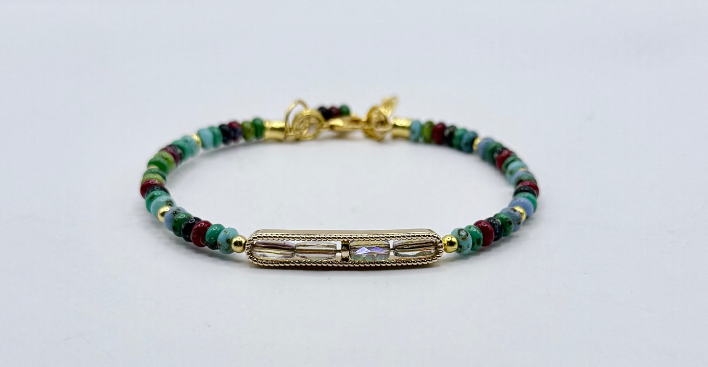 Picasso Glass Donut Bead Bracelet 7.5–8 Inch, Gold Bar Bracelet with AB Faceted Glass, Boho Adjustable Bracelet