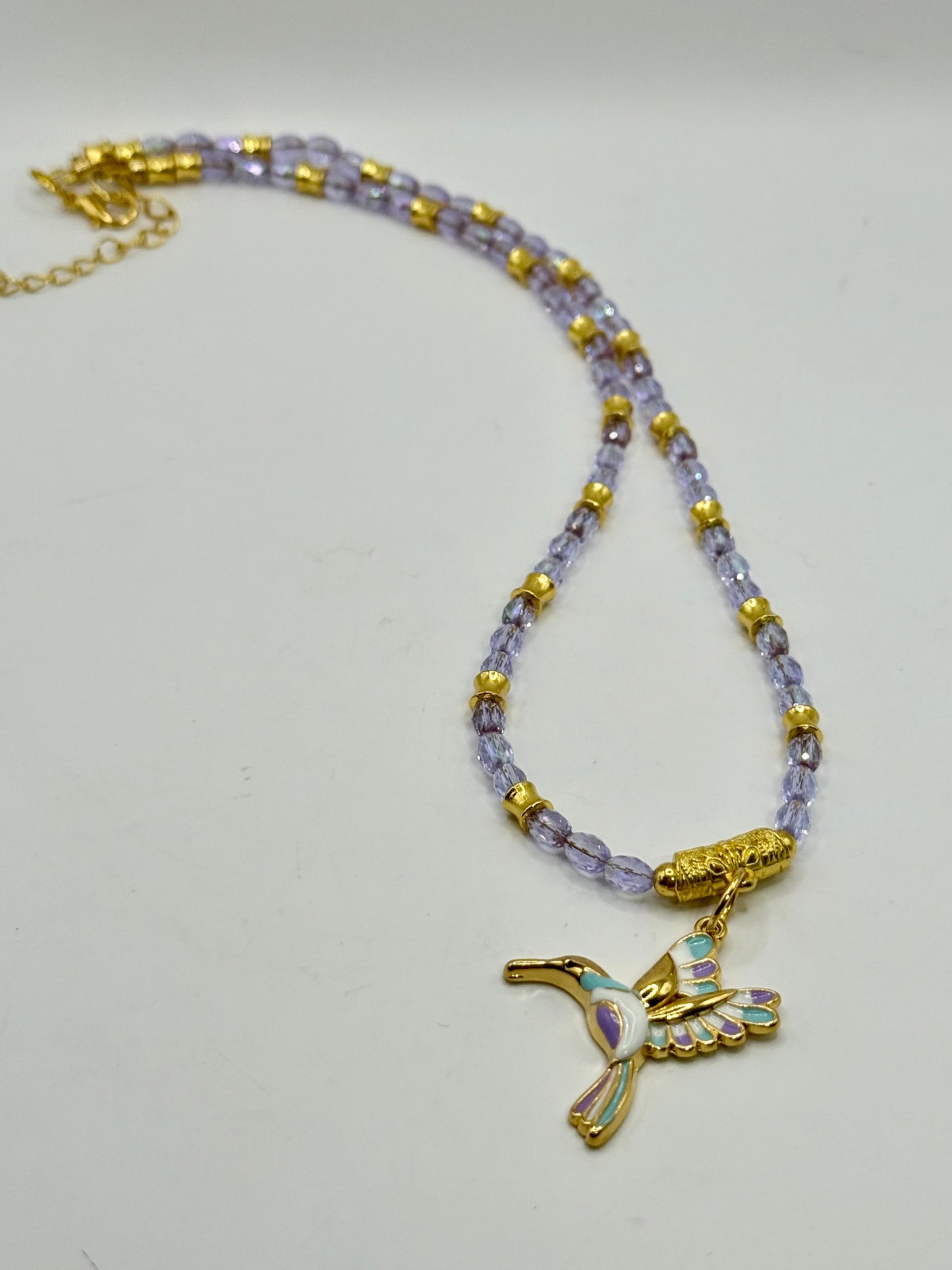 Purple Faceted Glass Necklace with Hummingbird Pendant – 18” Sparkly Beaded Necklace with Gold Accents – Free Matching Earrings Included