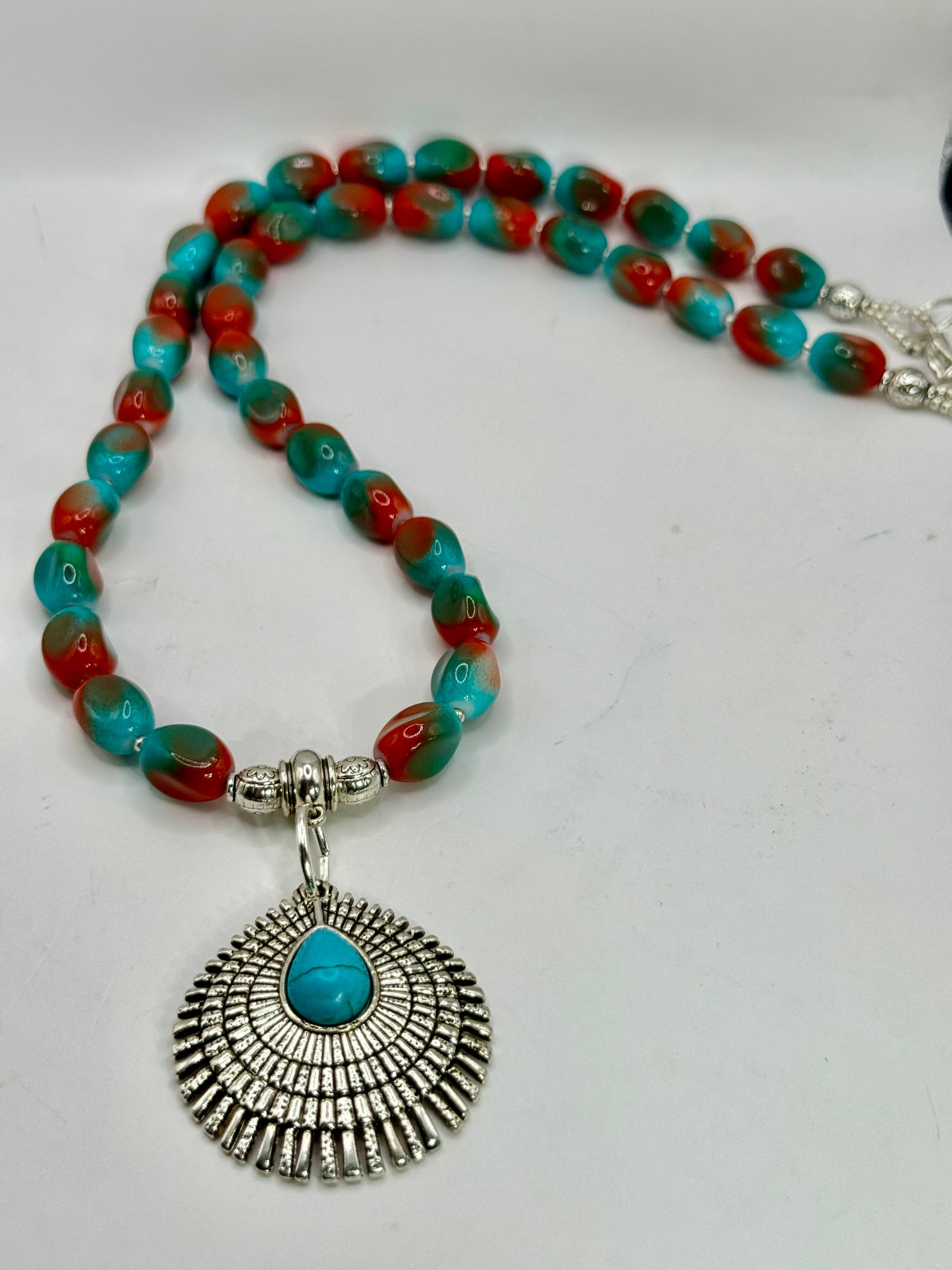 Turquoise & Coral Glass Bead Necklace – 22” Sunburst Pendant Statement Necklace – Southwestern Boho Jewelry – Handmade Gift for Her