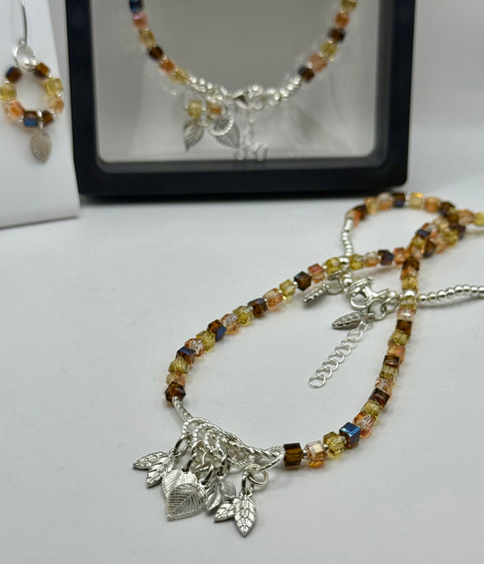 Autumn Jewelry Set – 20” Necklace, 8” Bracelet & Earrings | Fall Leaf Charm Beaded Set | Handmade Gift for Her