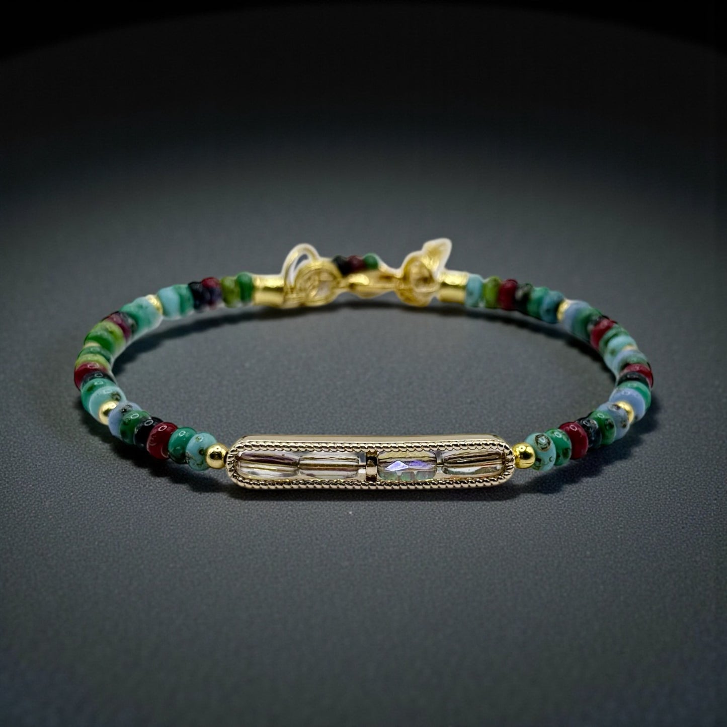 Picasso Glass Donut Bead Bracelet 7.5–8 Inch, Gold Bar Bracelet with AB Faceted Glass, Boho Adjustable Bracelet