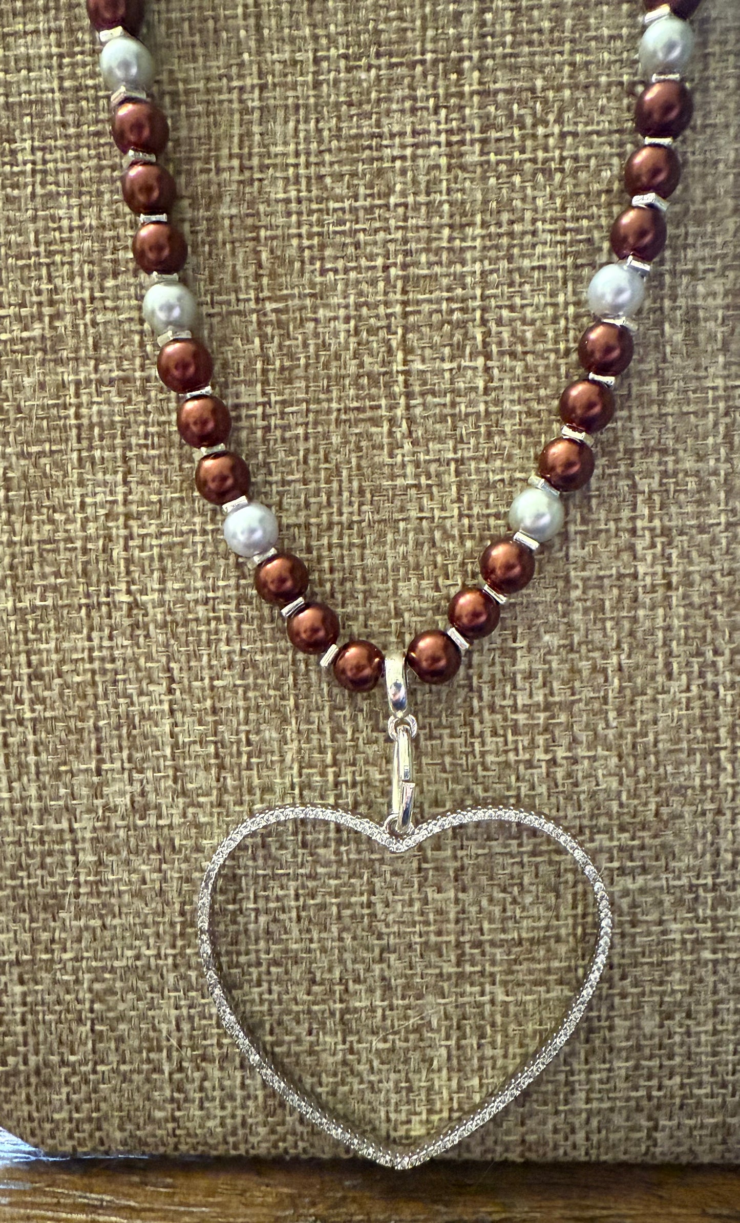 Ivory & Burgundy Glass Pearl Necklace – 26” Beaded Heart Pendant – Handmade Statement Jewelry – Elegant Gift for Her – Anniversary Necklace