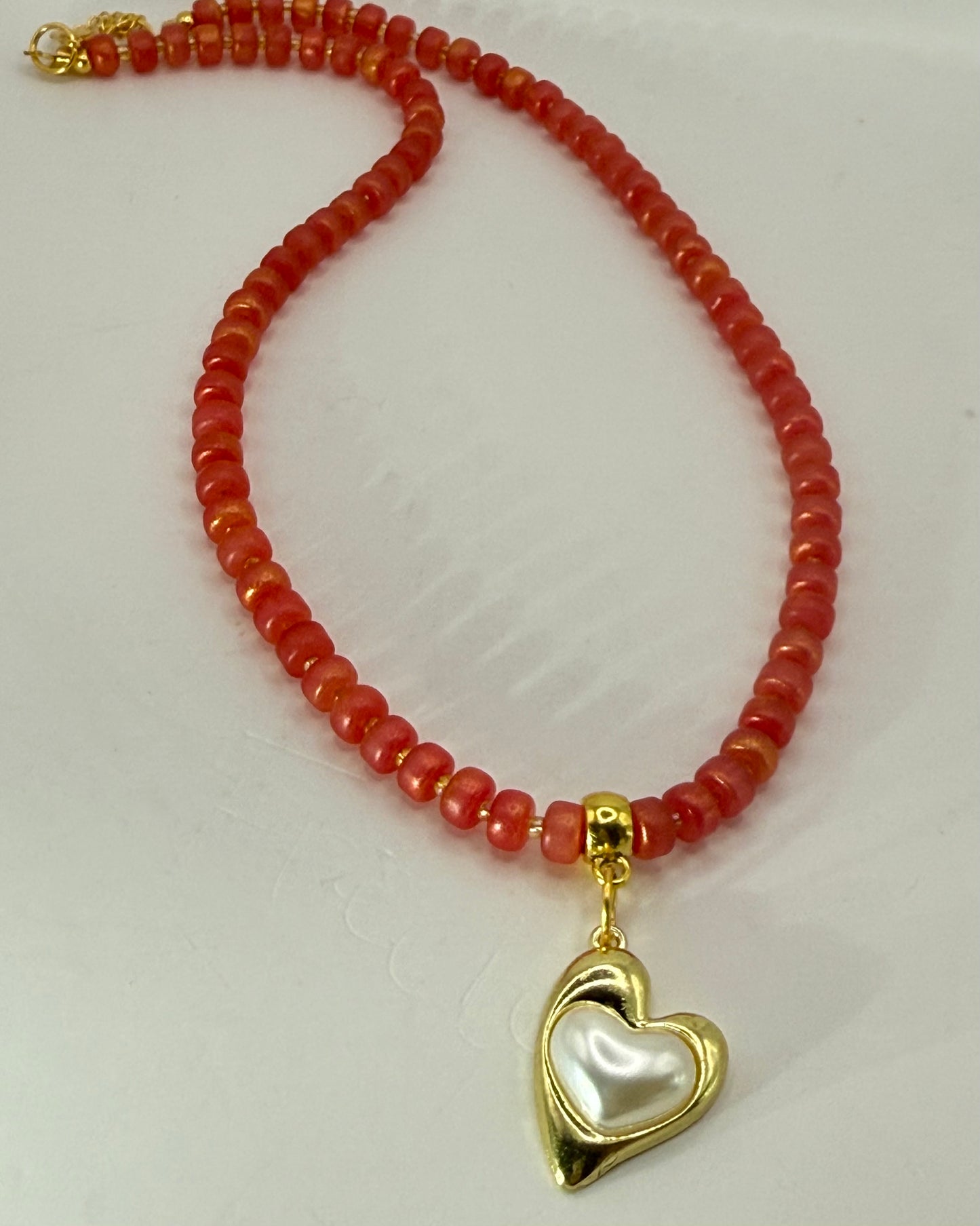 Pumpkin Glass Bead Necklace with Golden Heart Pendant – 20” Handmade Jewelry, Autumn Necklace, Romantic Gift, Fall Statement Jewelry