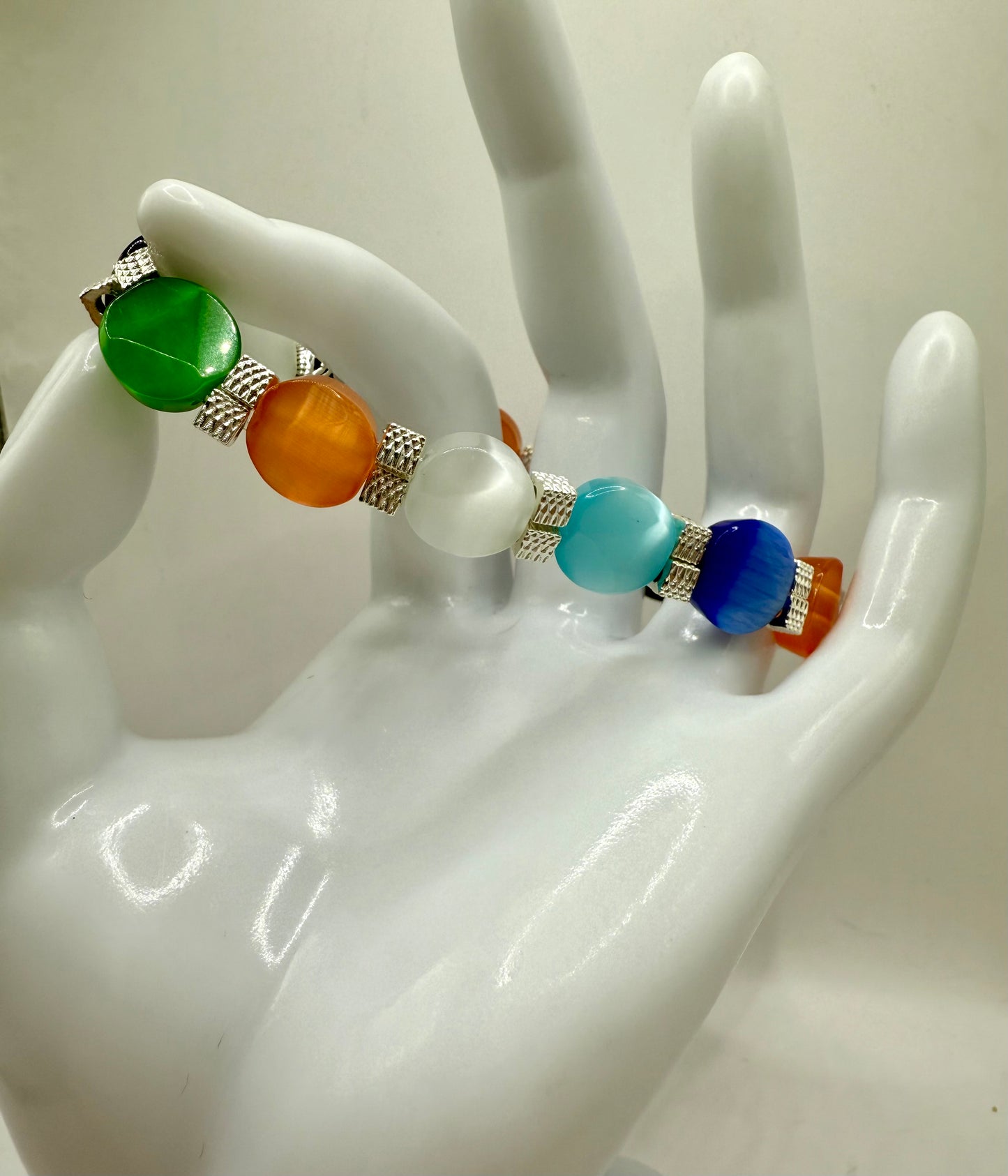 7” Multicolor Cat Eye Stretch Bracelet – Handmade, Adjustable to 7.5”, Colorful Beaded Jewelry