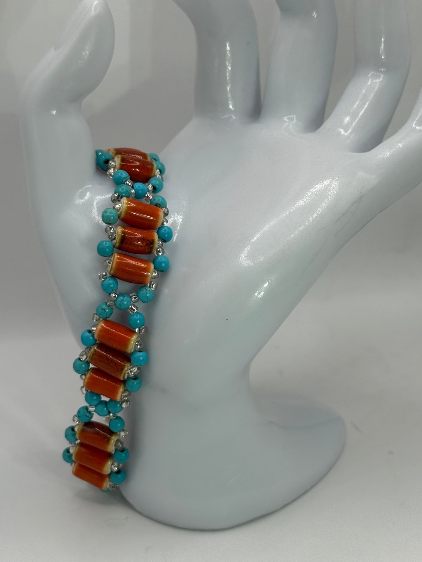 Handmade Turquoise Howlite & Terra Cotta Orange Ceramic Tube Beaded Bracelet – 7.5” Adjustable | Boho Southwest Jewelry