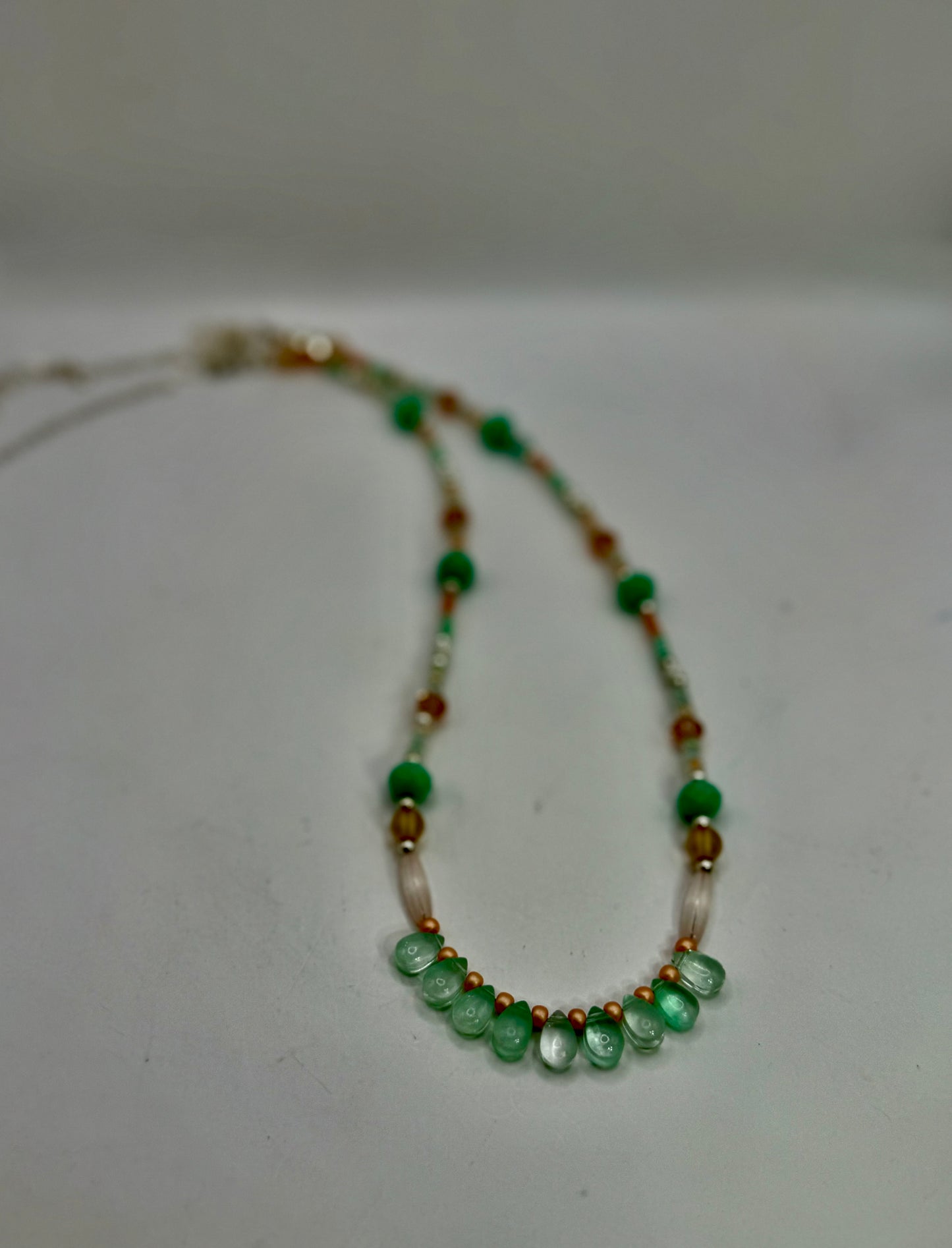 Aqua Glass Teardrop Beaded Necklace – 24” Handmade Boho Pastel Statement Piece
