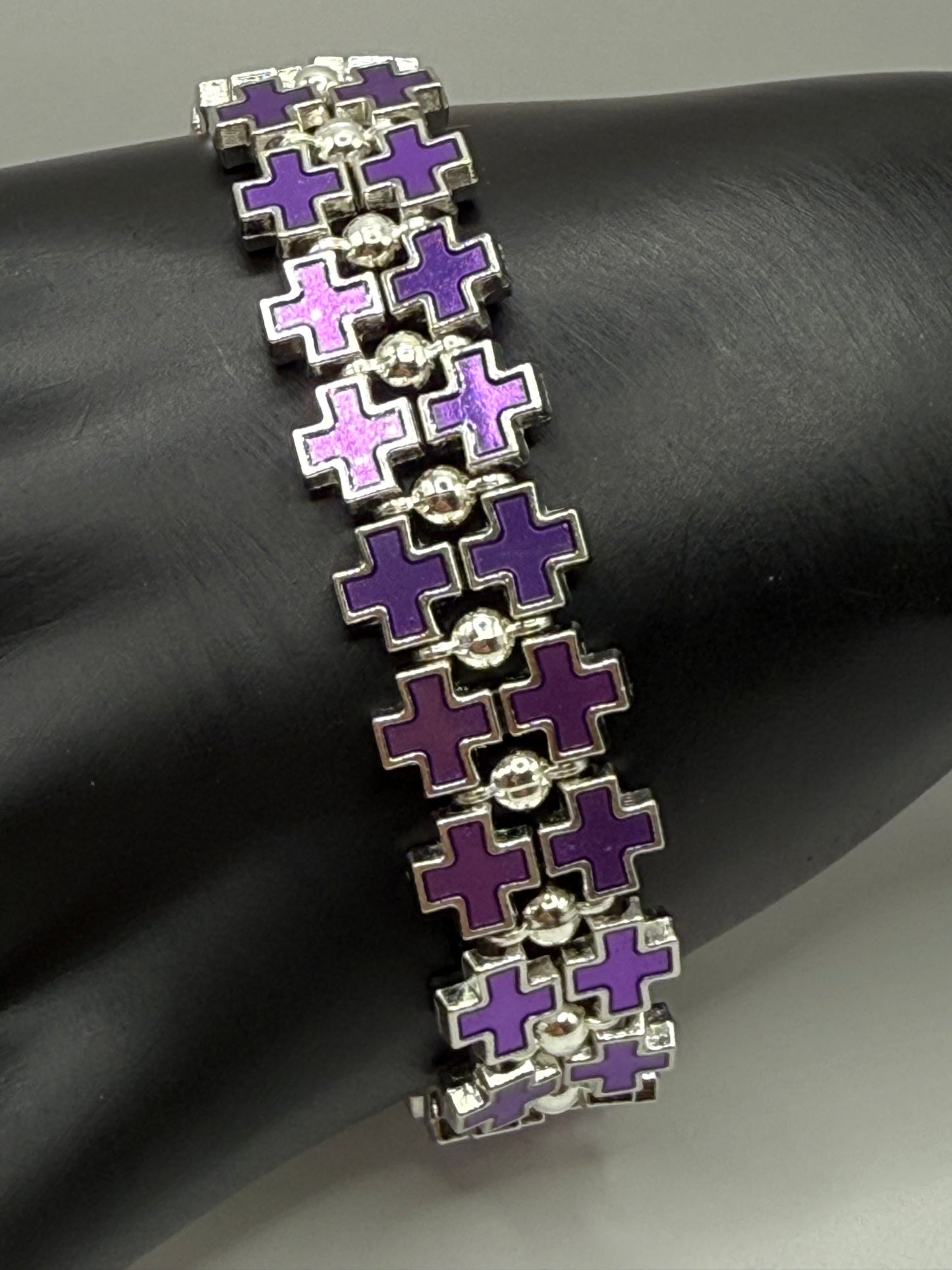 Bold Purple Cross Link Bracelet – Adjustable 7.5” to 8”, Silver-Tone Double Row Design, Unique Statement Jewelry