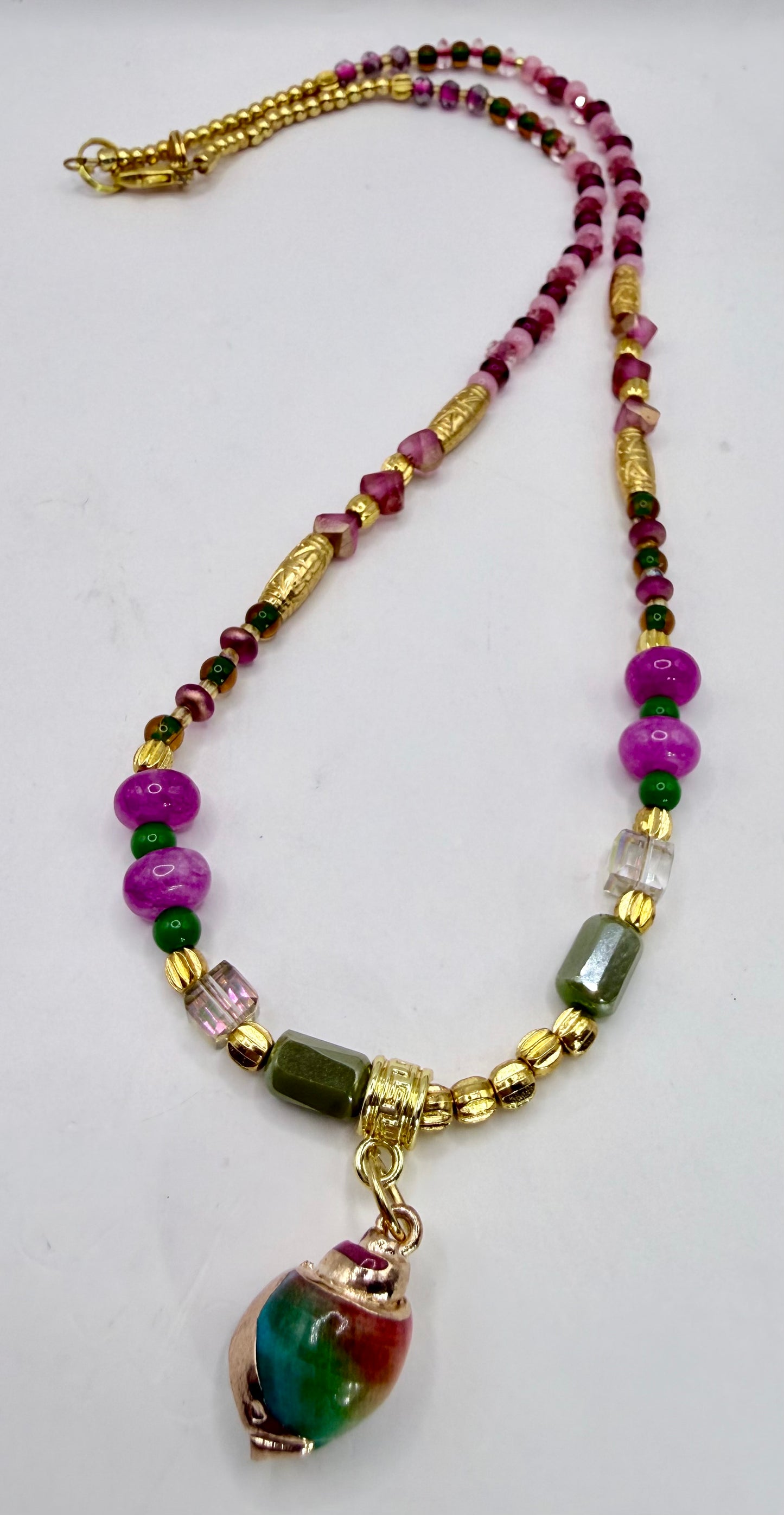 Glass Beaded Necklace 20 Inch | Colorful Handmade Necklace | Artisan Bead Necklace | Gold Accent Jewelry | Pink