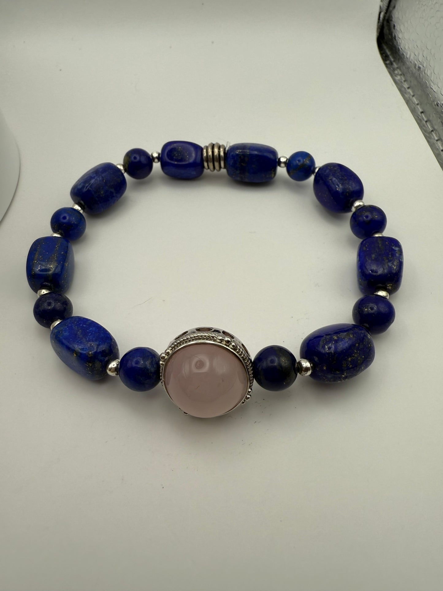 Lapis Lazuli stretch bracelet with Rose Quartz focal 8"