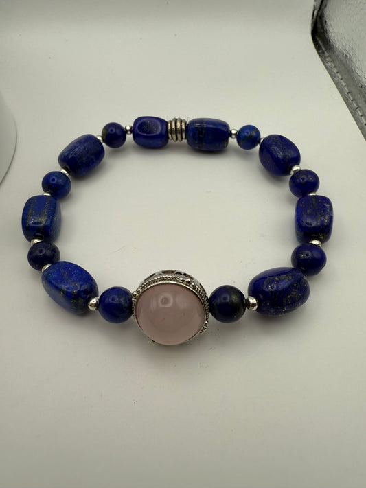 Lapis Lazuli stretch bracelet with Rose Quartz focal 8"