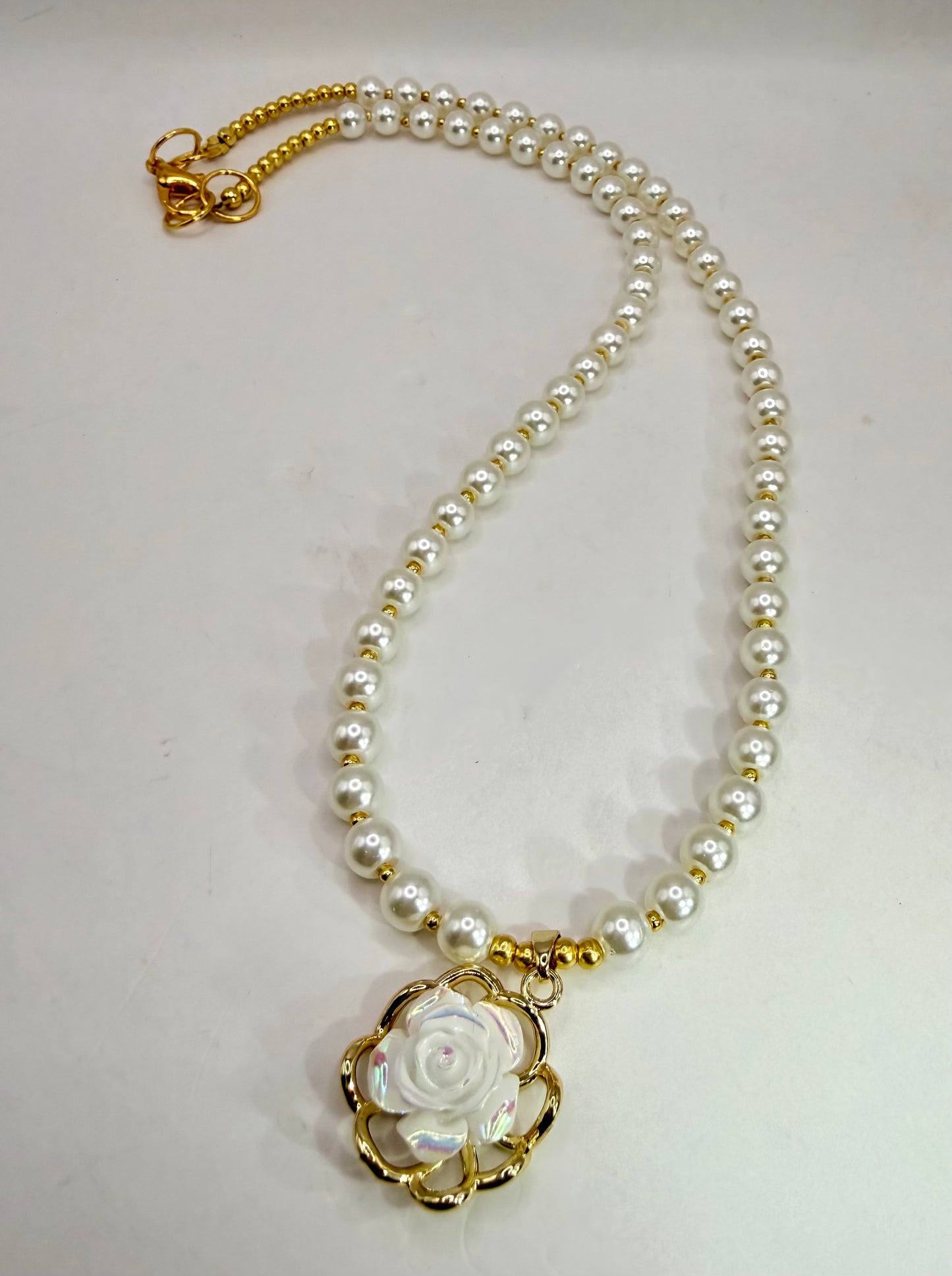 Handmade Glass Pearl Necklace with Iridescent Flower Pendant | 20 Inch Pearl Necklace | One of a Kind Jewelry | Made in Texas