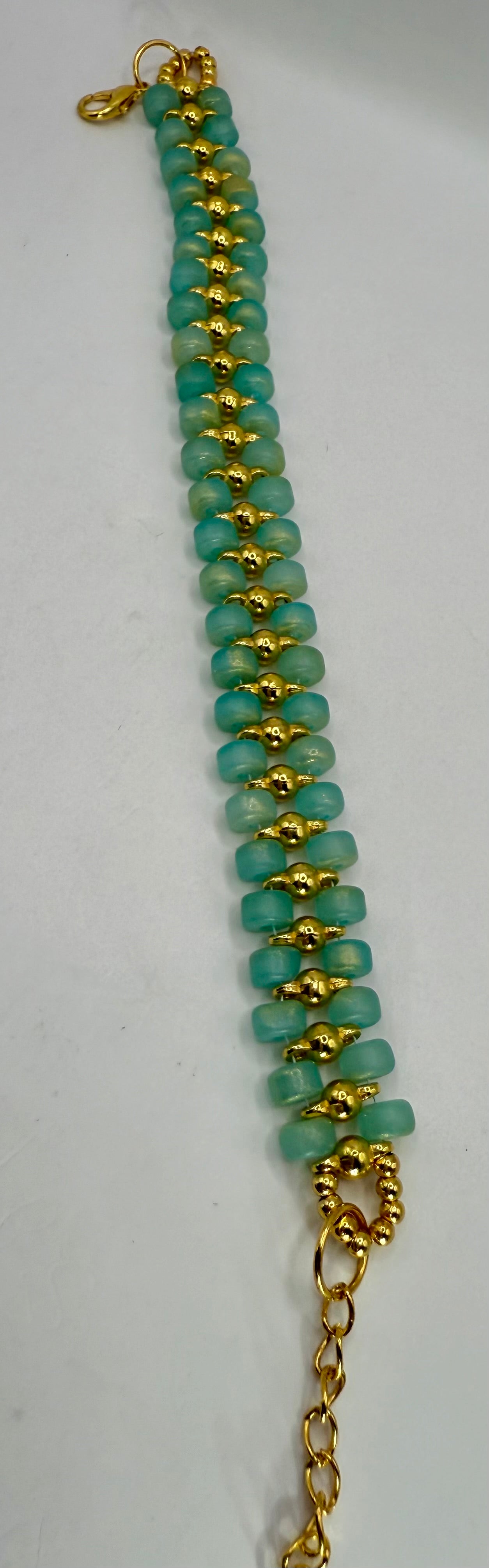 Aqua Blue and Gold Beaded Bracelet – 8” Handmade Glass Bead Bracelet with Gold Accents – Elegant Statement Jewelry