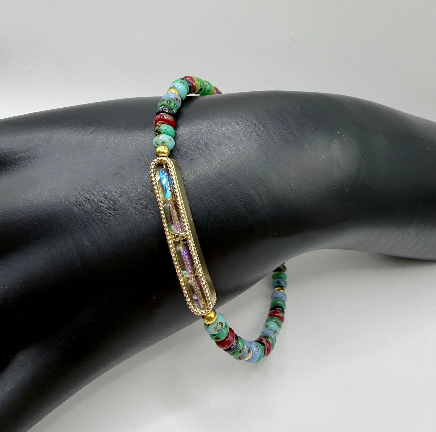 Picasso Glass Donut Bead Bracelet 7.5–8 Inch, Gold Bar Bracelet with AB Faceted Glass, Boho Adjustable Bracelet