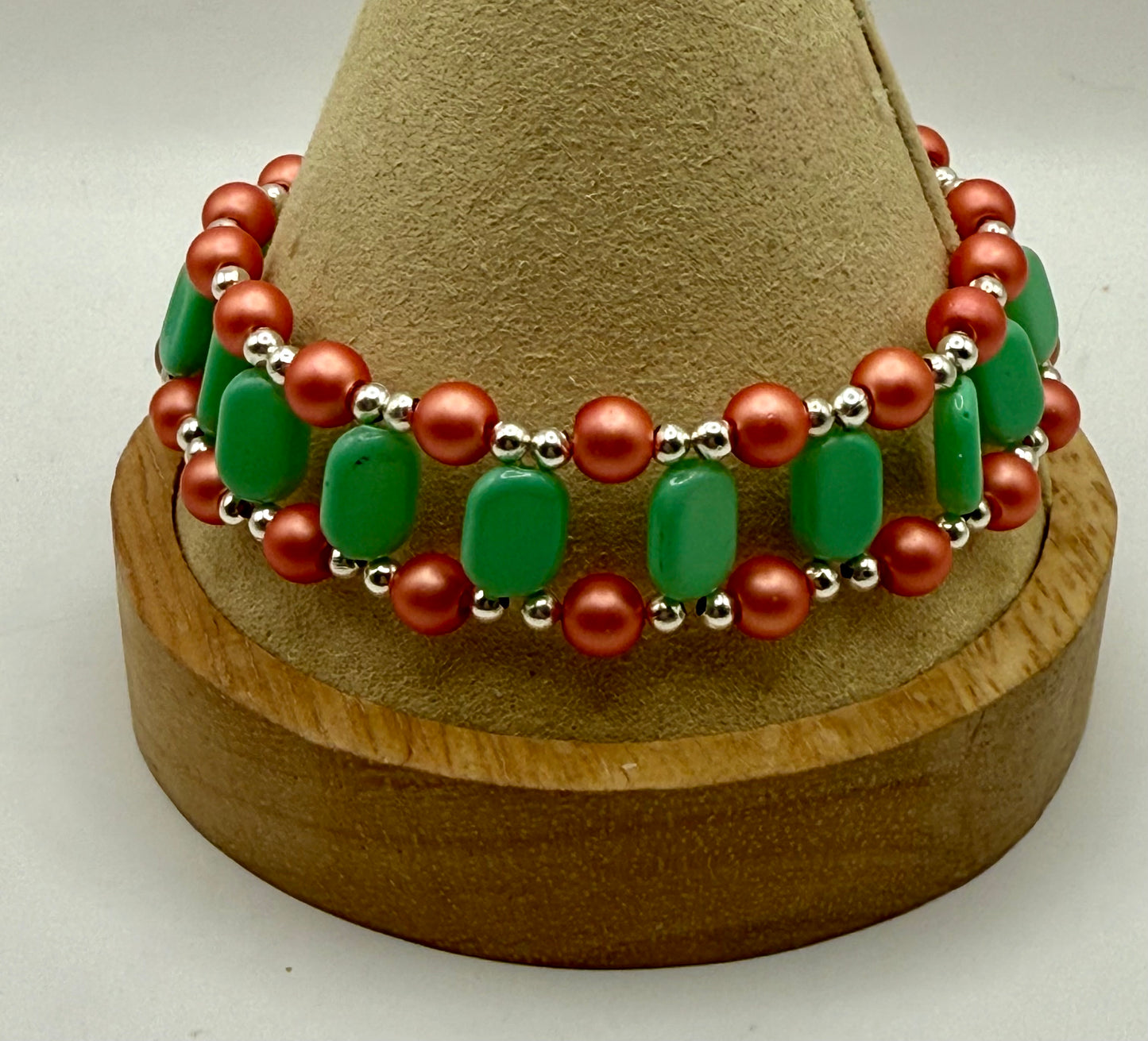 Double Strand Bracelet with Green and Coral Beads | 7.5”-7.75” Clasp Bracelet | Handmade Jewelry Gift for Her