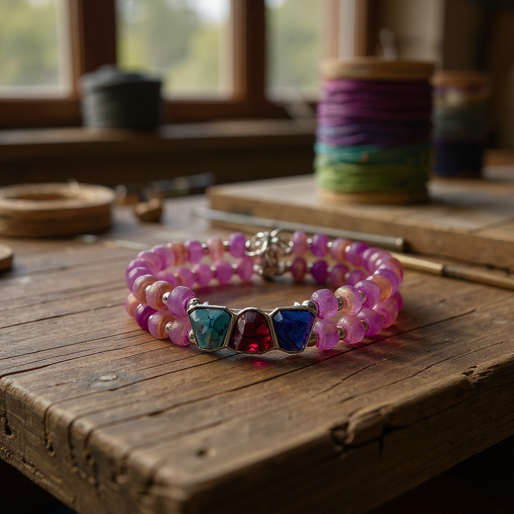8” Double Banded Beaded Bracelet with Multi-Color Gemstone Focal | Purple Gold Beads | Handmade Jewelry | Free Resizing
