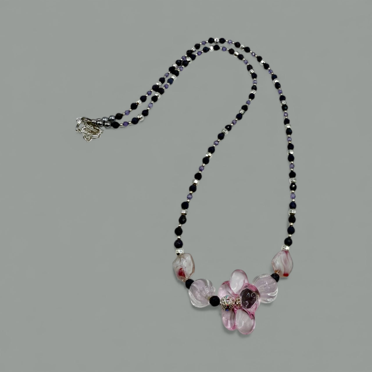 Pink Glass Flower Statement Necklace – 26” Handmade Beaded Design | Elegant, Feminine & One-of-a-Kind