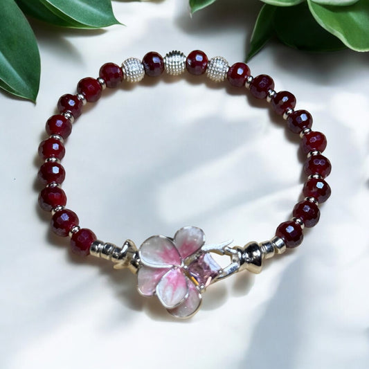Red Bracelet with Pink Plumeria Clasp - Handcrafted, Perfect for 6.5” Wrist, Elegant & Unique Jewelry Gift