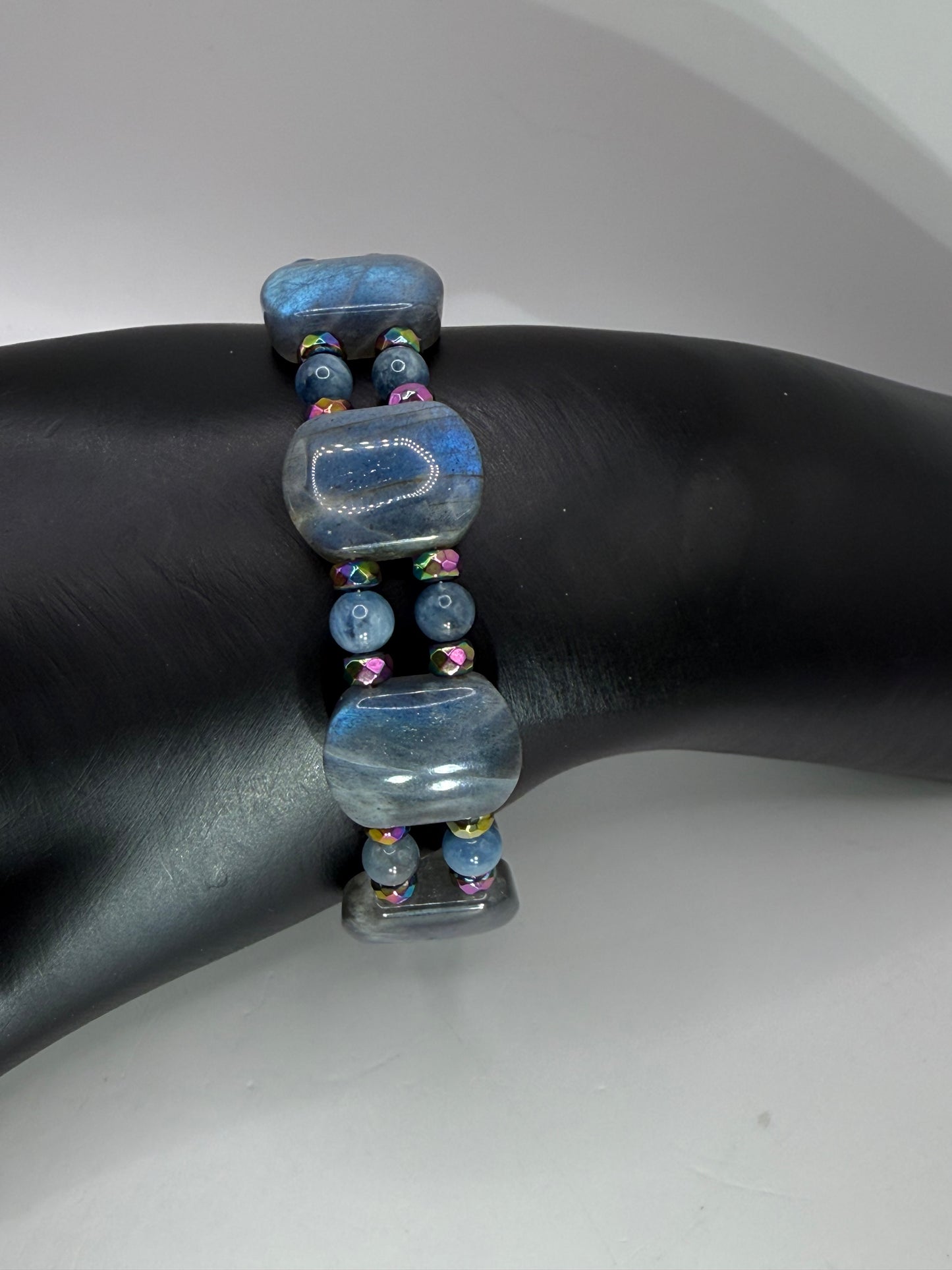 Labradorite Aquamarine Rainbow Hematite Double Bangle Bracelet | Adjustable 7.75–8” Clasp | Handmade Gemstone Jewelry