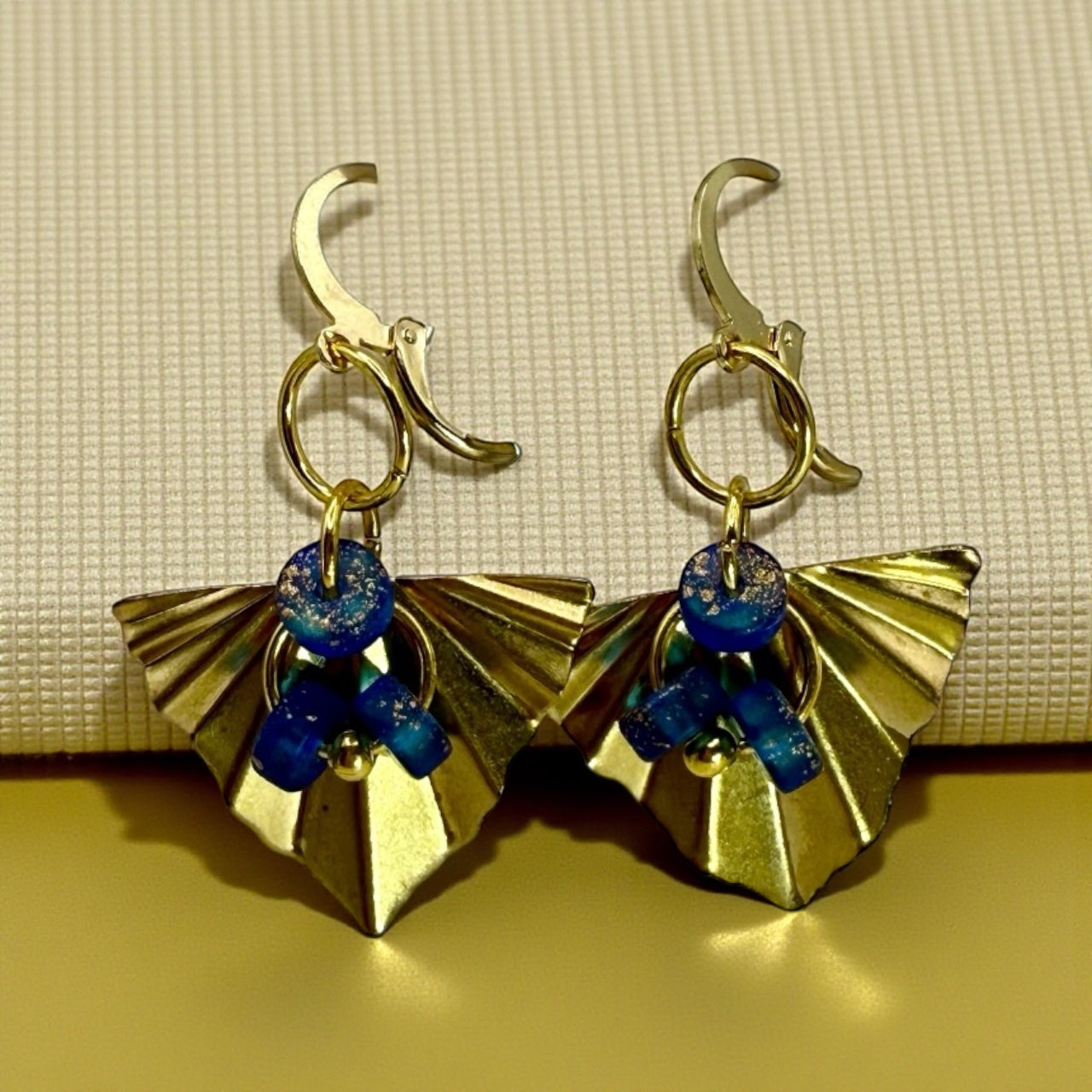 Gold Fan Drop Earrings with Blue Bead Accents | Lightweight Statement Earrings