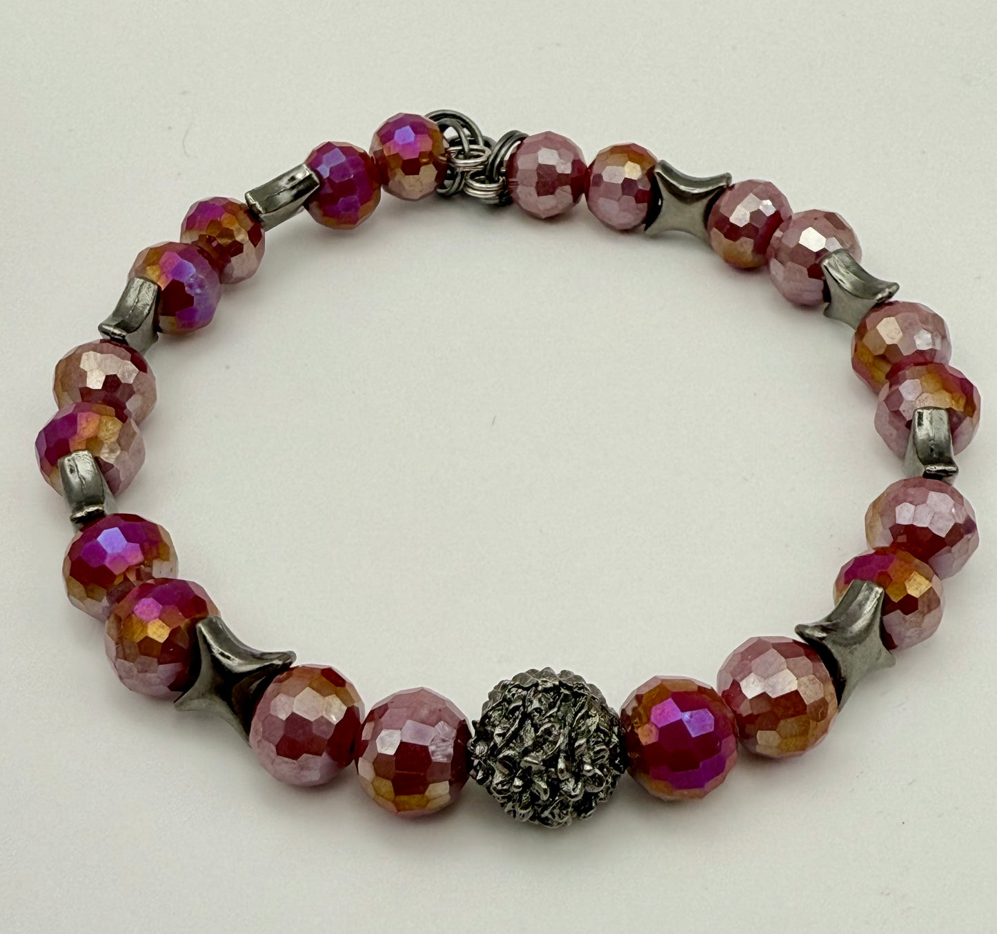 Faceted Cranberry bracelet with silver luster and gunmetal black accents 7.5"-7.75"