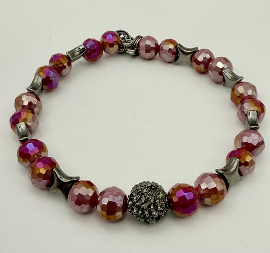 Faceted Cranberry bracelet with silver luster and gunmetal black accents 7.5"-7.75"