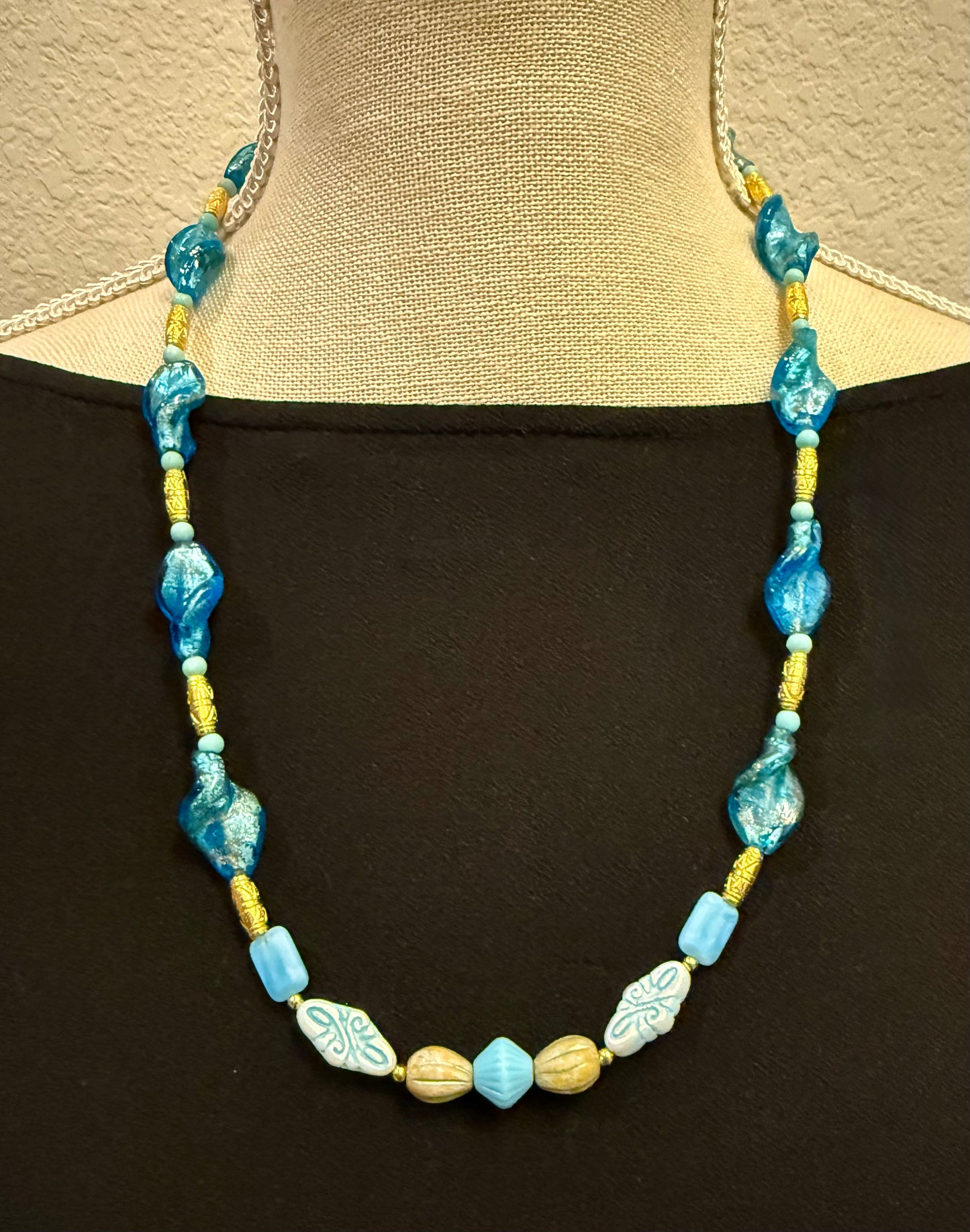 Czech Glass Necklace 22 Inch | Blue Glass Beaded Necklace | Handmade Statement Necklace | Coastal Jewelry | Gift for Her