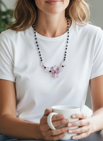 Pink Glass Flower Statement Necklace – 26” Handmade Beaded Design | Elegant, Feminine & One-of-a-Kind