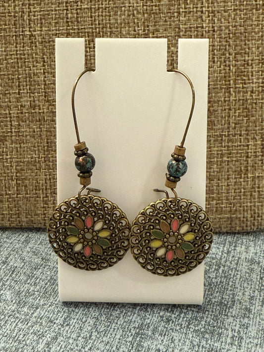 Boho Floral Medallion Earrings – Bronze Filigree Festival Jewelry – Colorful Statement Dangle Earrings