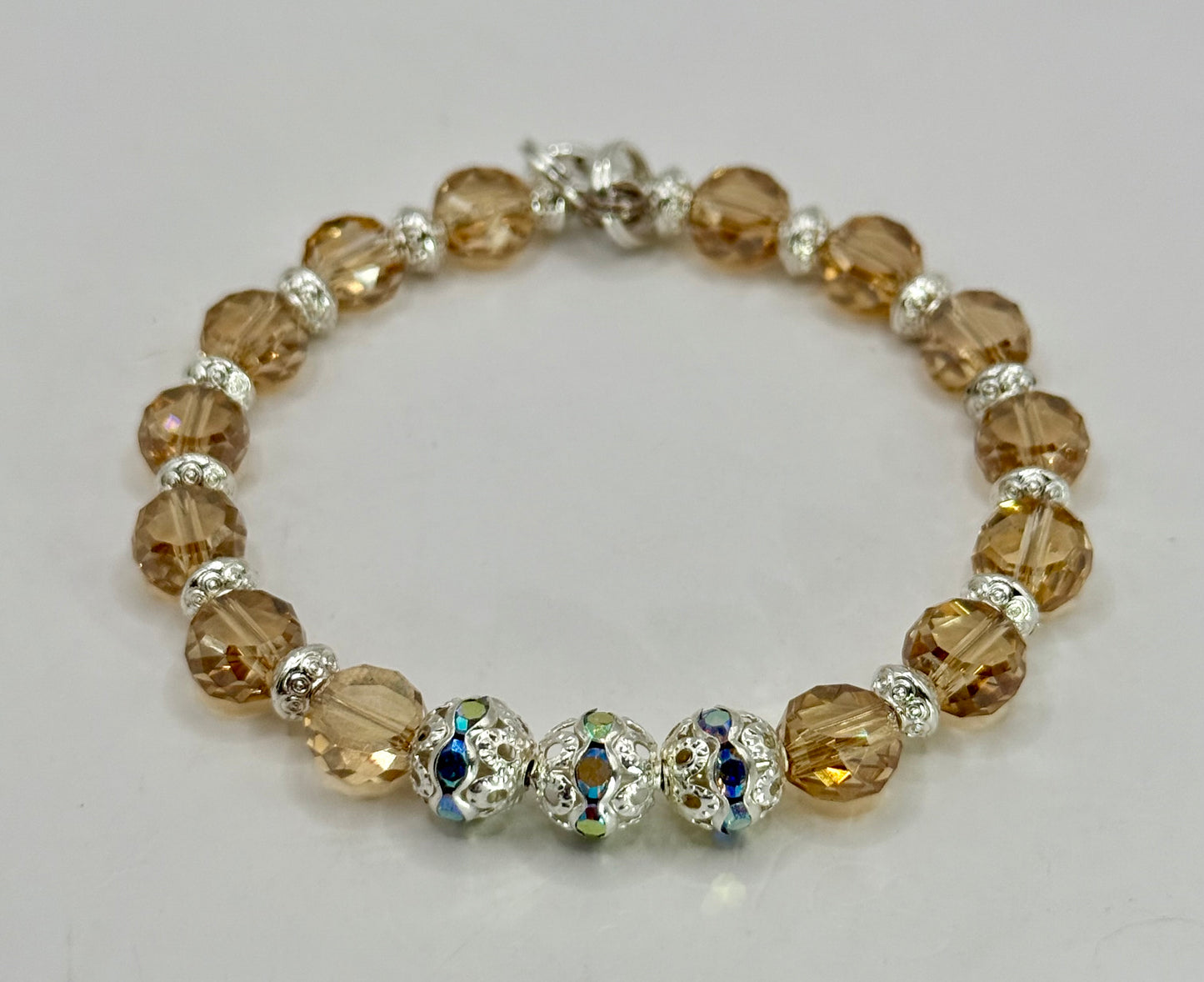 Champagne Glass Bead Bracelet with Silver Accents | 7.5” Clasp | Elegant Handmade Jewelry Gift